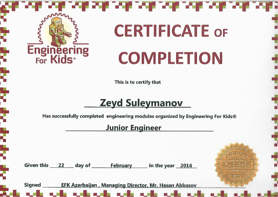 Junior Engineer — certificate preview