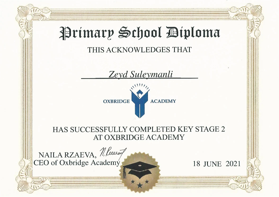Oxbridge primary school diploma — certificate preview
