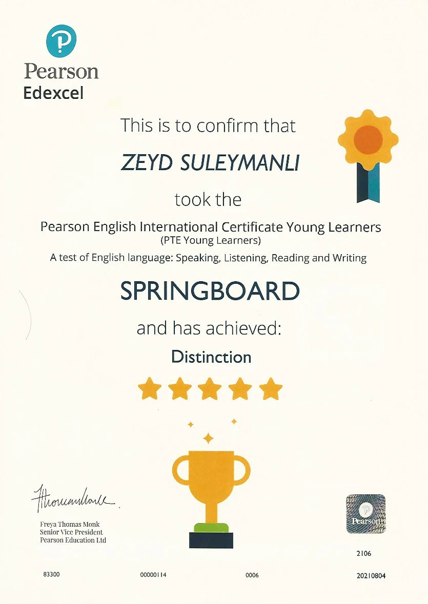 Pearson English — Distinction — certificate preview