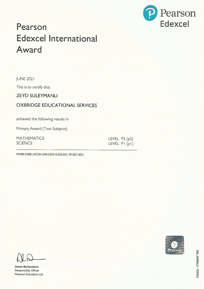 Pearson Mathematics & Science — certificate preview