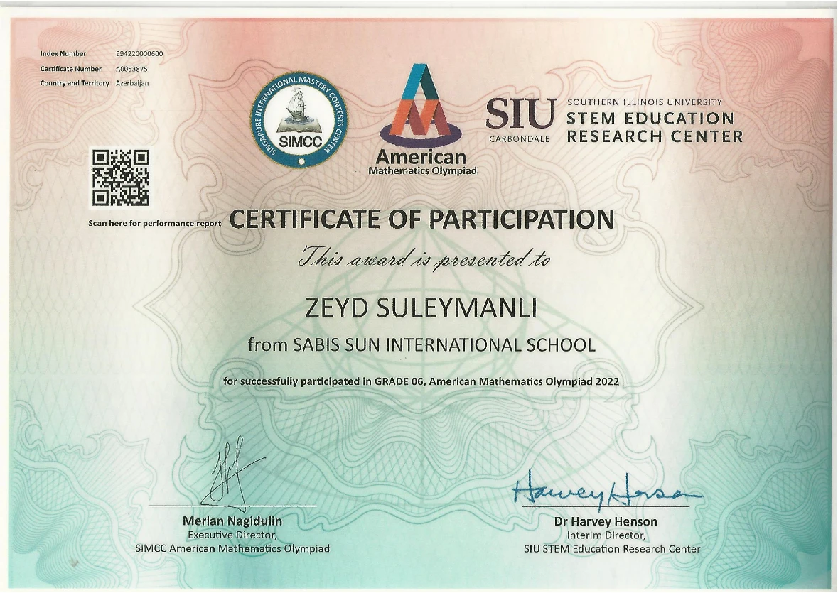 American Mathematics Olympiad — participation — certificate preview
