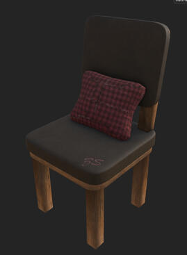 Rendered wooden chair model with a dark seat and red cushion